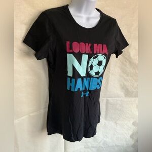 Under Armour Black Tee with Pink & Aqua 'LOOK MA NO HANDS' Soccer Graphic
